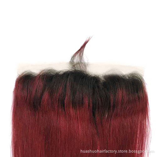 Single Donor 1B/Bug Red 13*4 Ear To Ear Remy Virgin Customized Brazilian Straight Human Hair Lace Frontal Piece